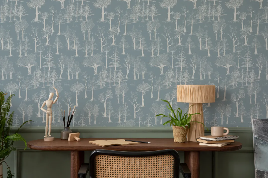 Blue Illustrated Traditional Forest Wallpaper