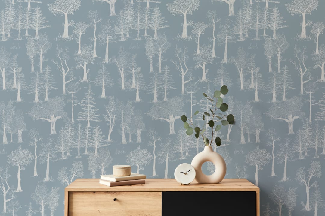Papel Pintado Bosque Tradicional Ilustrado Azul
