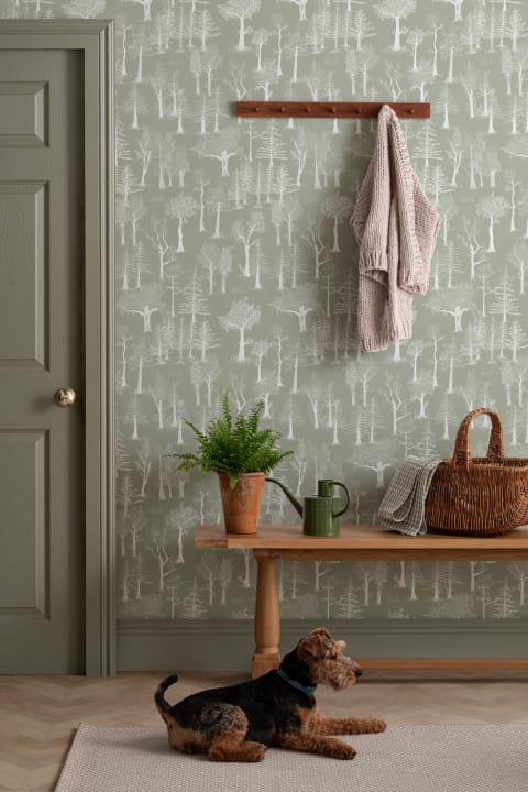 Green Illustrated Traditional Forest Wallpaper