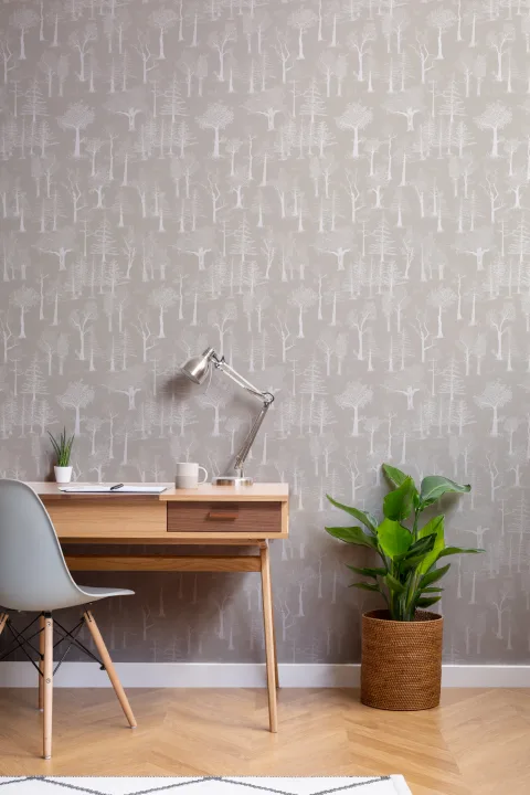 Beige Illustrated Traditional Forest Wallpaper