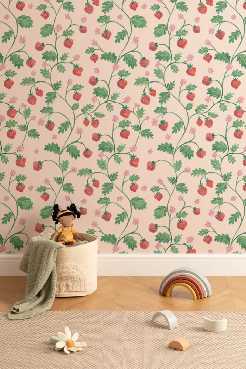 Beige Vintage Watercolor Strawberry & Foliage Wallpaper