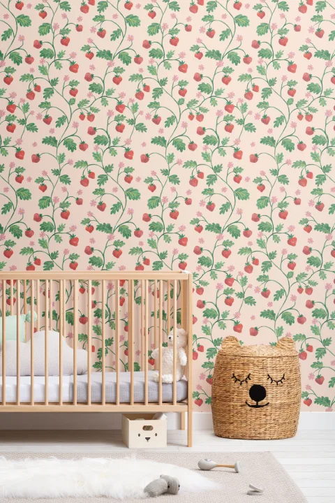 Beige Vintage Aquarell Erdbeere & Laub Tapete