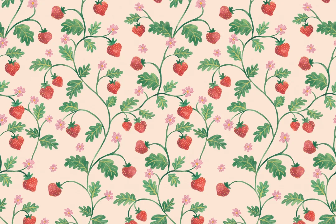 Beige Vintage Watercolor Strawberry & Foliage Wallpaper