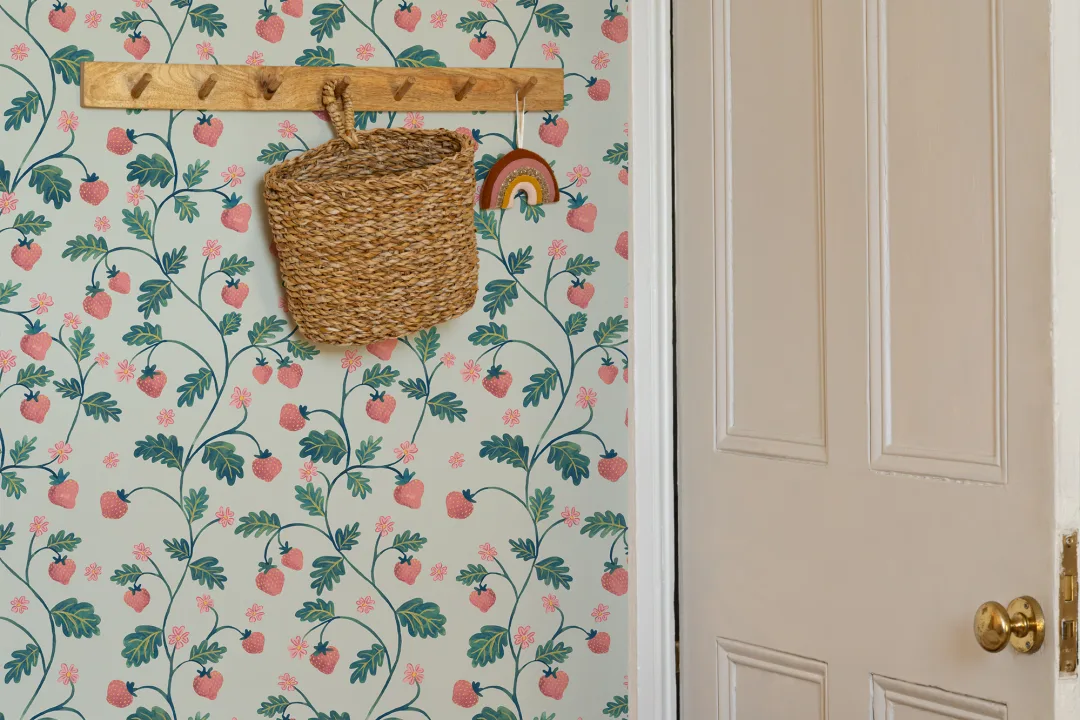 Blue Vintage Watercolor Strawberry & Foliage Wallpaper