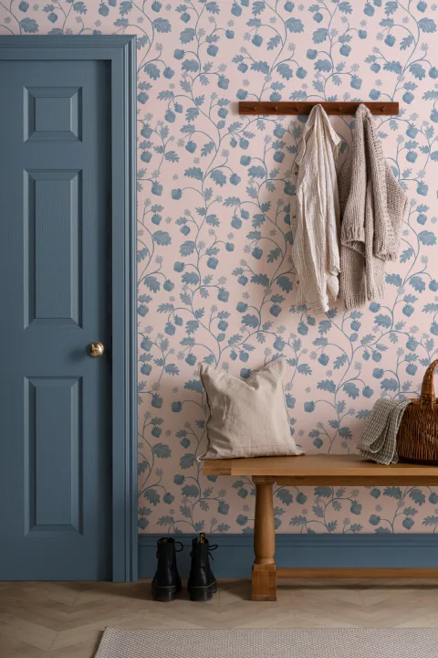 Pink Vintage Watercolor Strawberry & Foliage Wallpaper