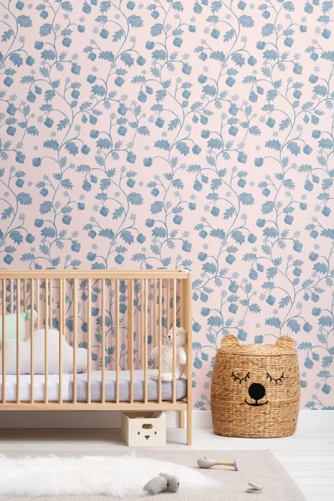 Pink Vintage Watercolor Strawberry & Foliage Wallpaper