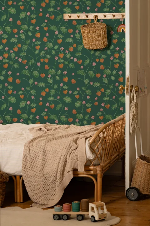 Papier peint vert vintage aquarelle fraise et feuillage