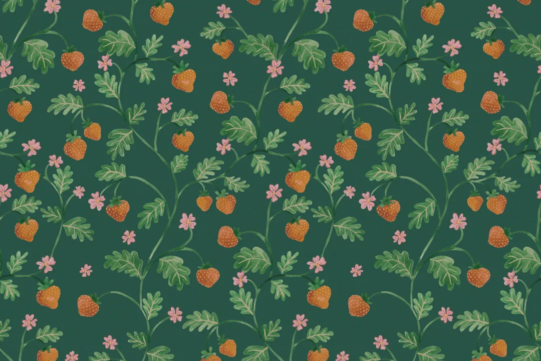 Papier peint vert vintage aquarelle fraise et feuillage