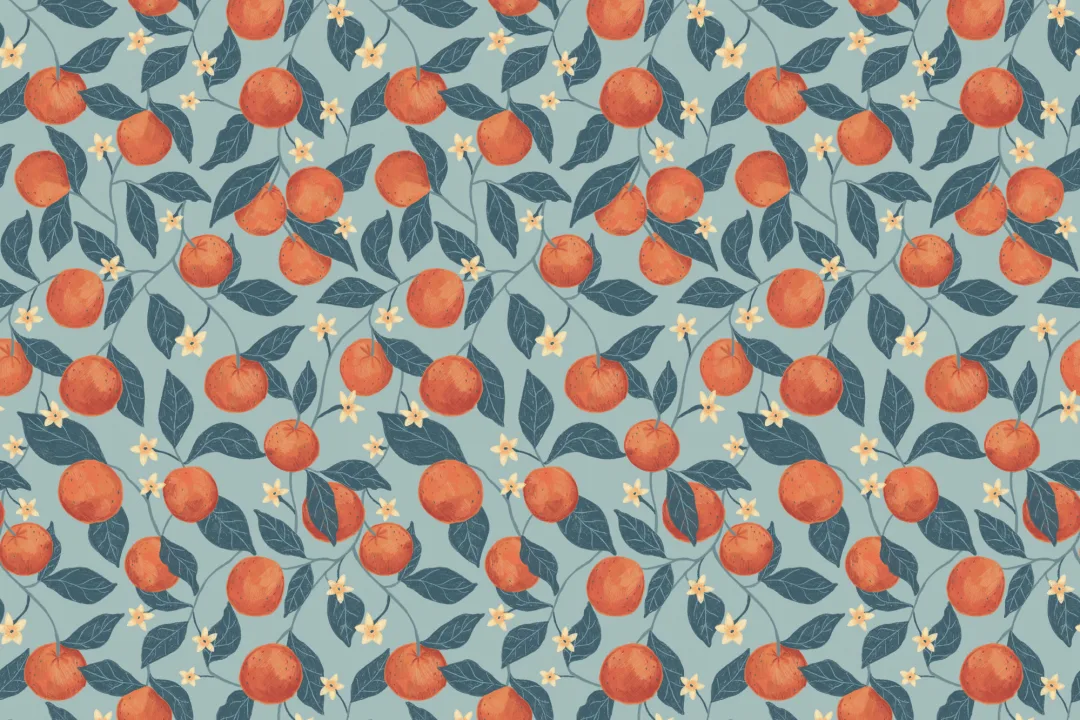 Blue Botanical Oranges Mural