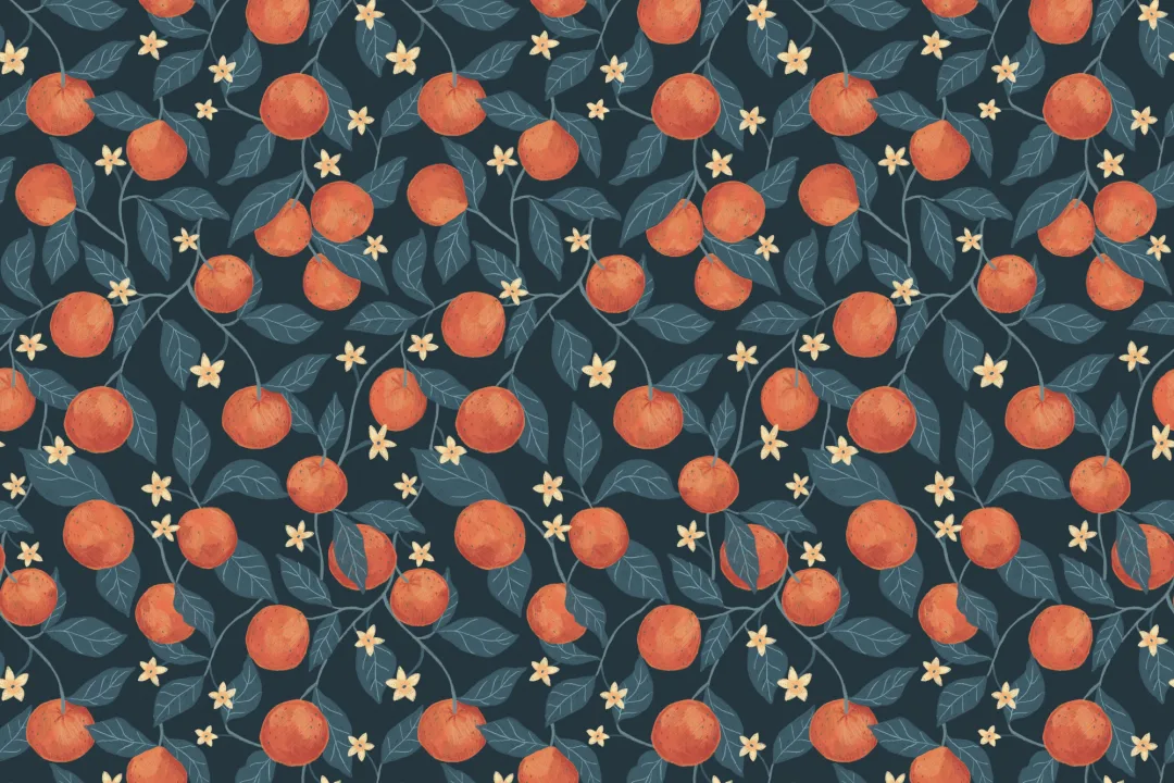 Papier peint panoramique des oranges botaniques bleu foncé