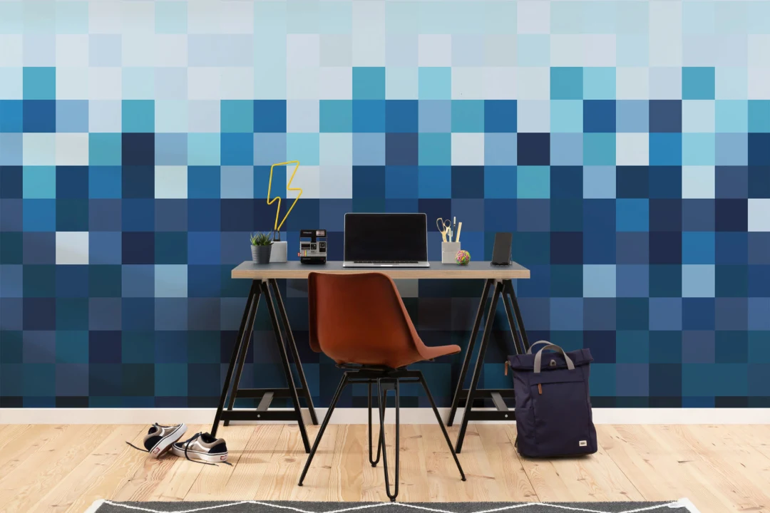 Mural Papel Pintado Pixelado Cuadrados Degradados Azules