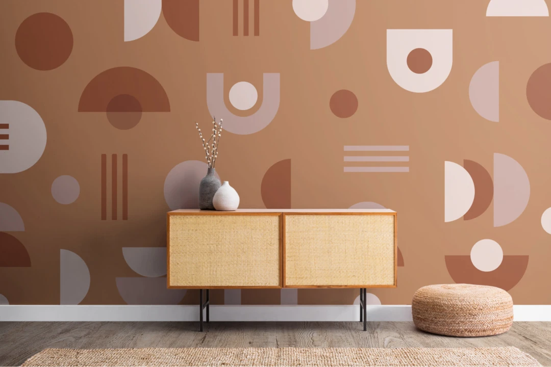 Mural Papel Pintado Formas Geométricas al Estilo Mid Century Modern en Tonos Terrosos