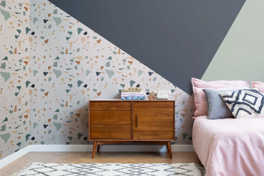Verde, marin și portocaliu Terrazzo Geometric Prism Wallpaper Mural