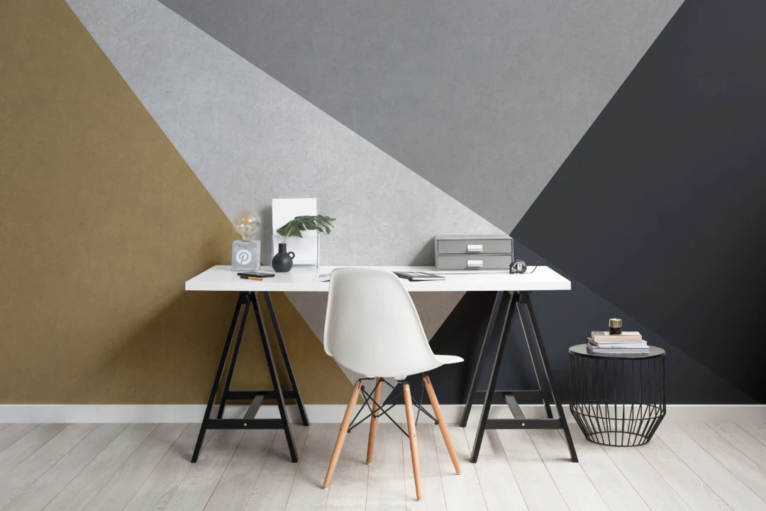 Gray, Blue & Gold Concrete Effect Geometric Wallpaper Mural