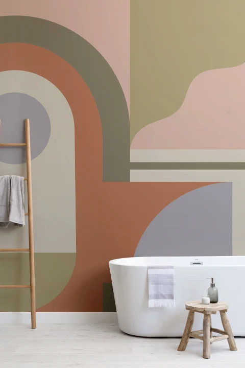 Mural de papel pintado con diseño geométrico naranja retro