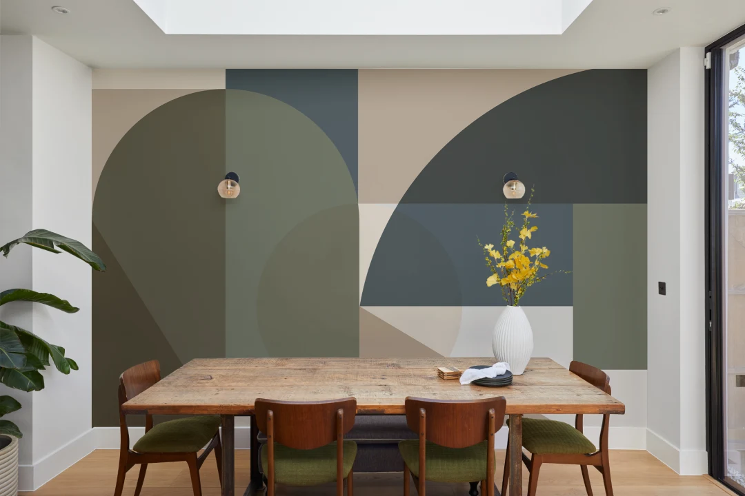 Grønt geometrisk, moderne fototapet i flere farger for moderne rom