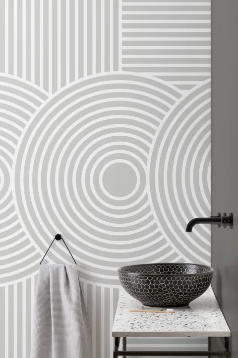 Mural Formas Geométricas Grises y Estilo Jardín Japonés