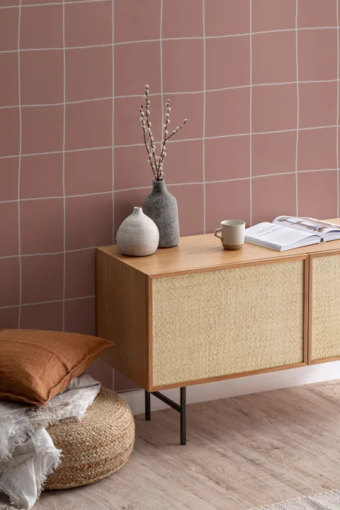Papel Pintado Minimalista con Motivos de Cuadrícula en Rosa Palo Oscuro