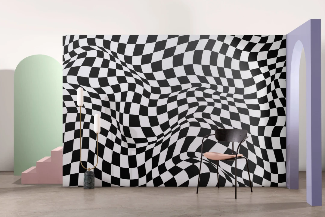 Black and White Wavy Checkered Aesthetic Pattern Wallpaper Mural