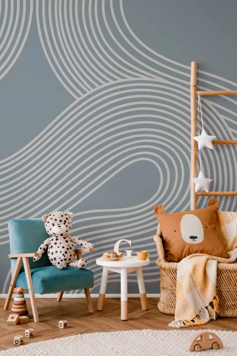 Blue Curvy Lines Zen Garden Pattern Mural