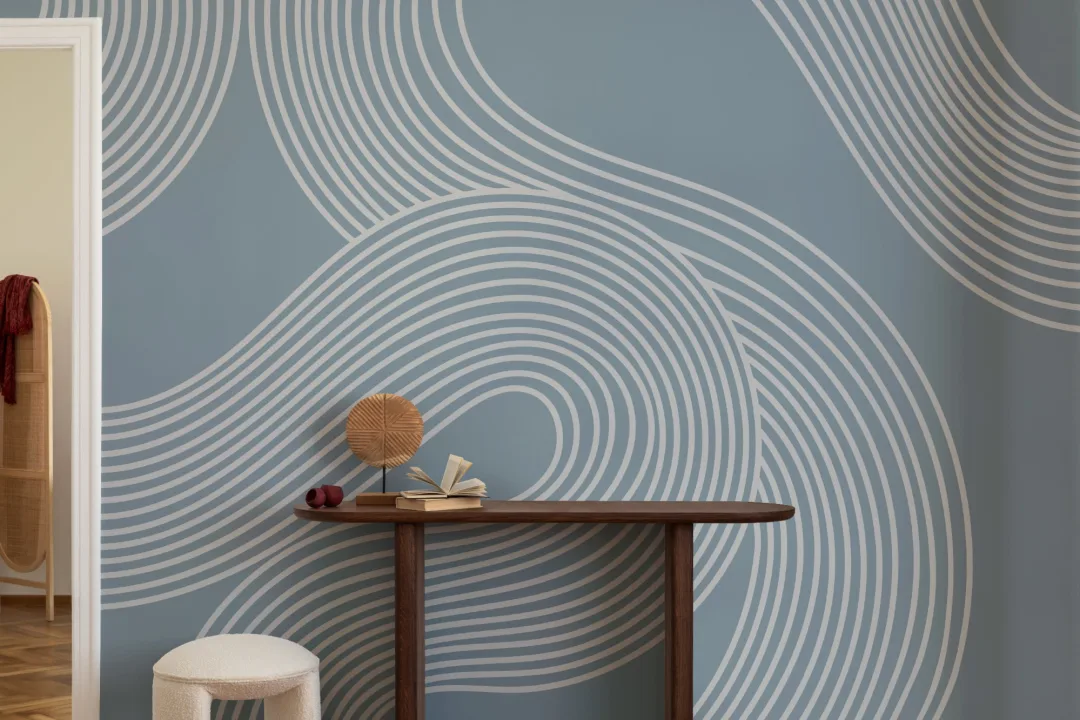 Mural con diseño de jardín zen de líneas curvas azules