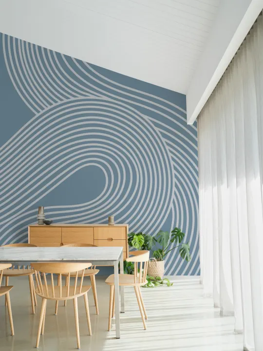 Blue Curvy Lines Zen Garden Pattern Mural