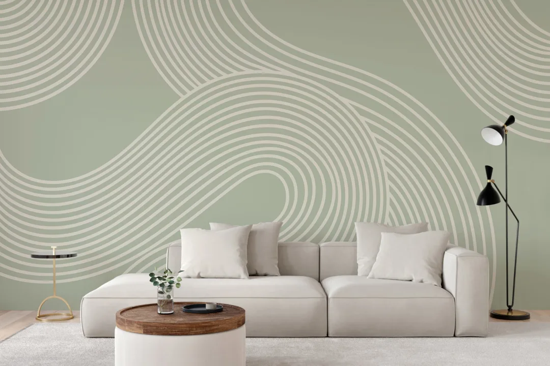 Green Curvy Lines Zen Garden Pattern Mural
