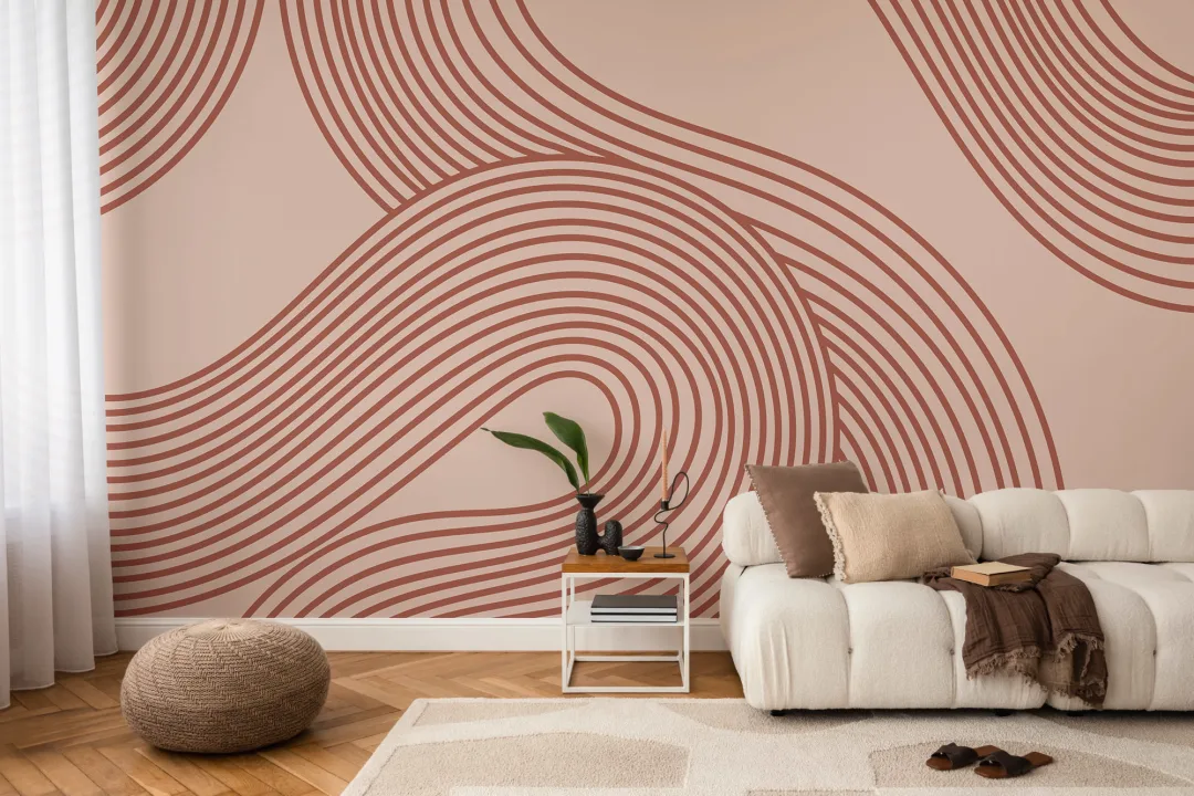 Terracotta Curvy Lines Zen Garden Pattern Mural