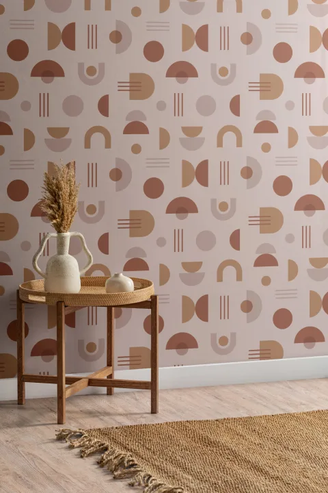 Papel Pintado Beige y Marrón con Motivos Geométricos al Estilo Mid Century Modern