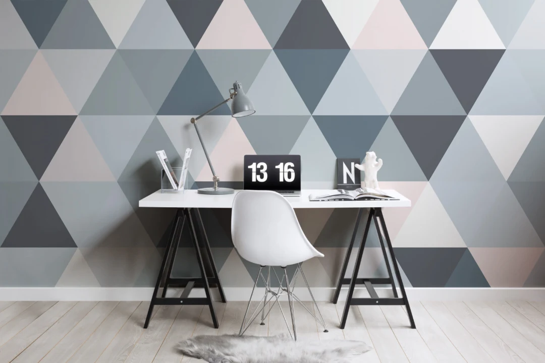 Mural Papel Pintado Geométrico Triángulos Rosa y Gris
