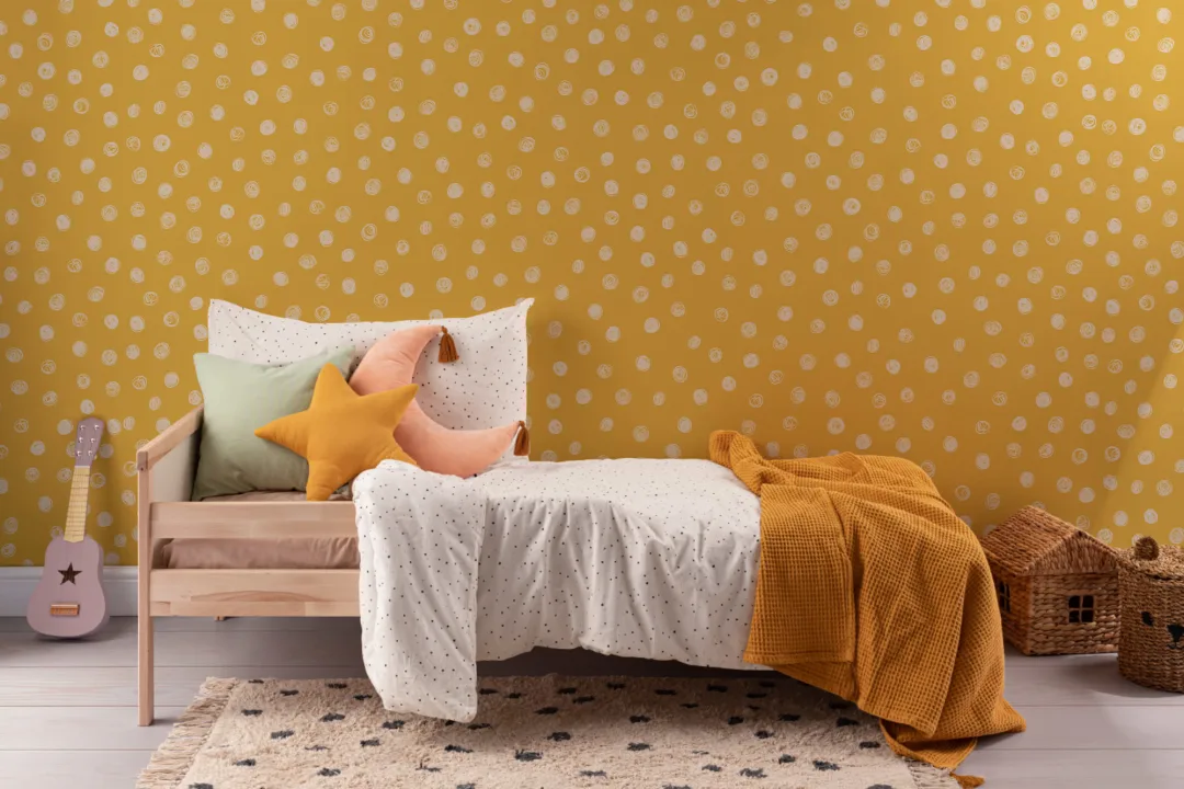 Yellow Illustrated Polka Dot Wallpaper Mural