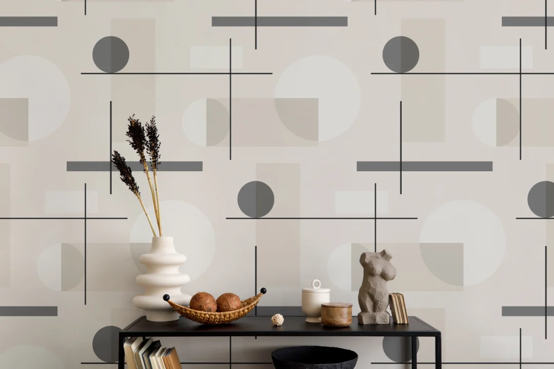 Carta da Parati Beige con Motivo di Geometrie in Stile Mid Century