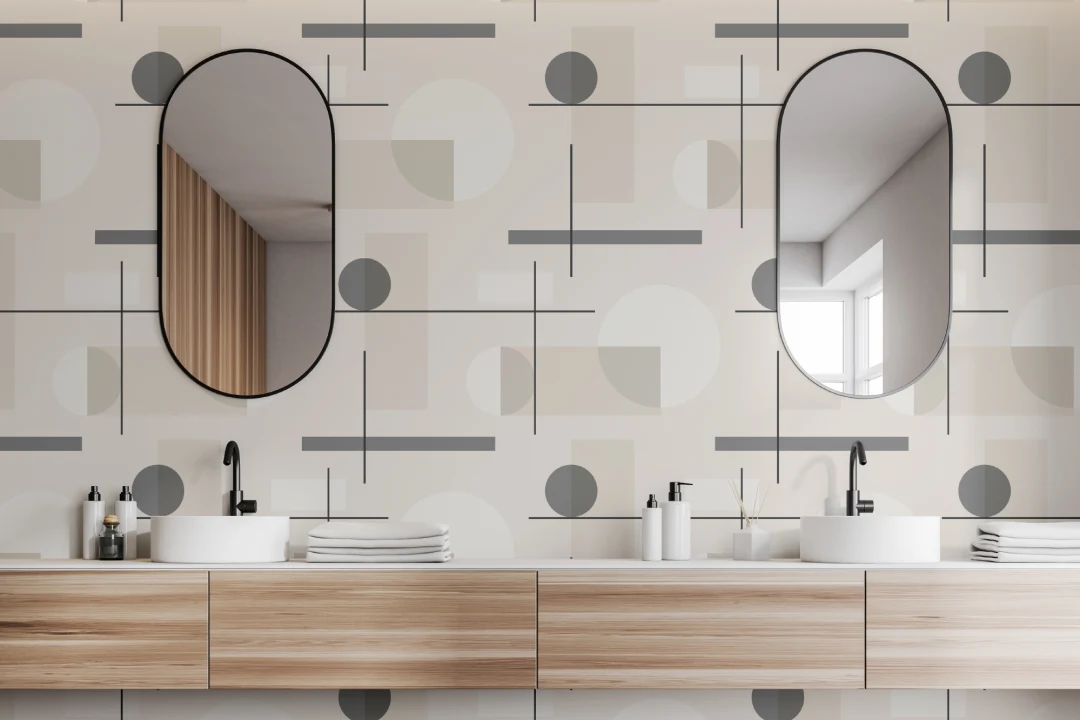 Papel Pintado Mid Century en Beige con Motivo de Formas Geométricas