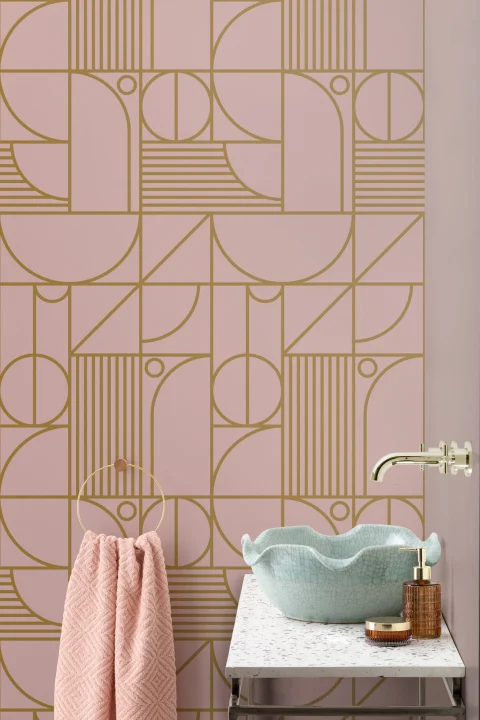 Pink and Gold Geometric Grid Lines Repeat Pattern Wallpaper