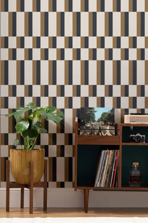 Mustard and Navy Bauhaus Geometric Retro Repeat Pattern Wallpaper