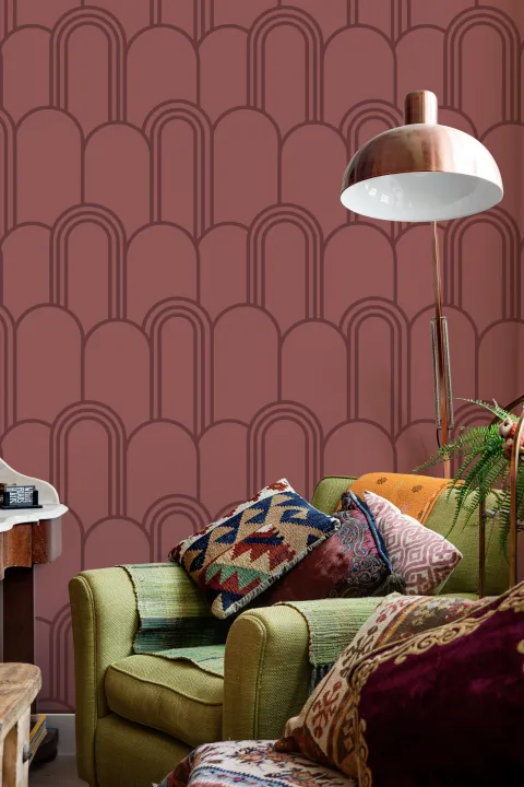 Carta da parati rosa Art Deco con motivo a ripetizione ad arco
