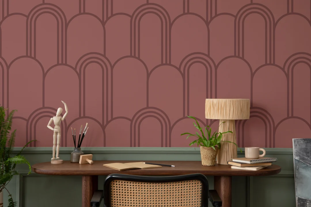 Papel pintado Arco Art Deco rosa con motivos repetidos