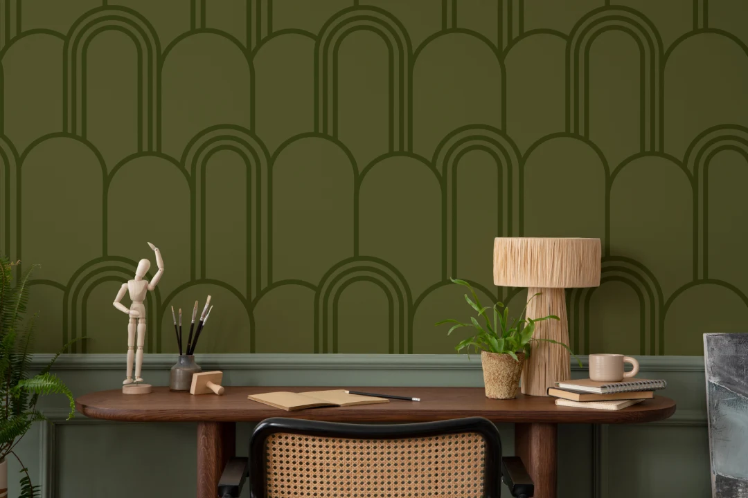Carta da parati verde con motivo a ripetizione Arco Art Deco