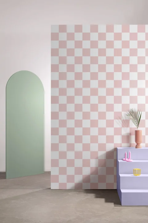 Pink and White Checkerboard Squares Repeat Pattern Wallpaper