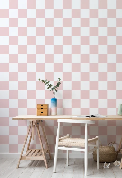 Papel Pintado Blanco y Rosa con Estampado de Ajedrez