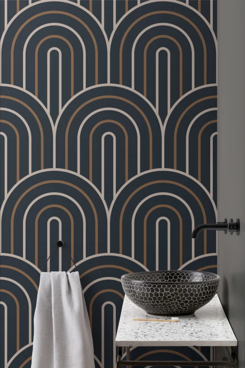 Papier Peint Rétro Motif Arches en Bleu Marine et Moutarde
