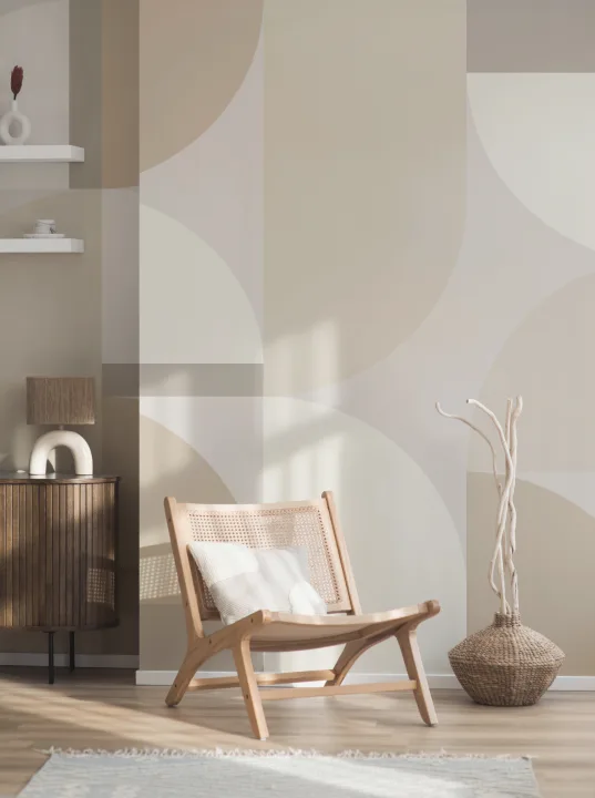 Carta da parati contemporanea con motivo geometrico beige ad arco