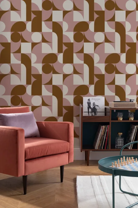 Brązowa geometryczna fototapeta ścienna z kolażem z połowy wieku