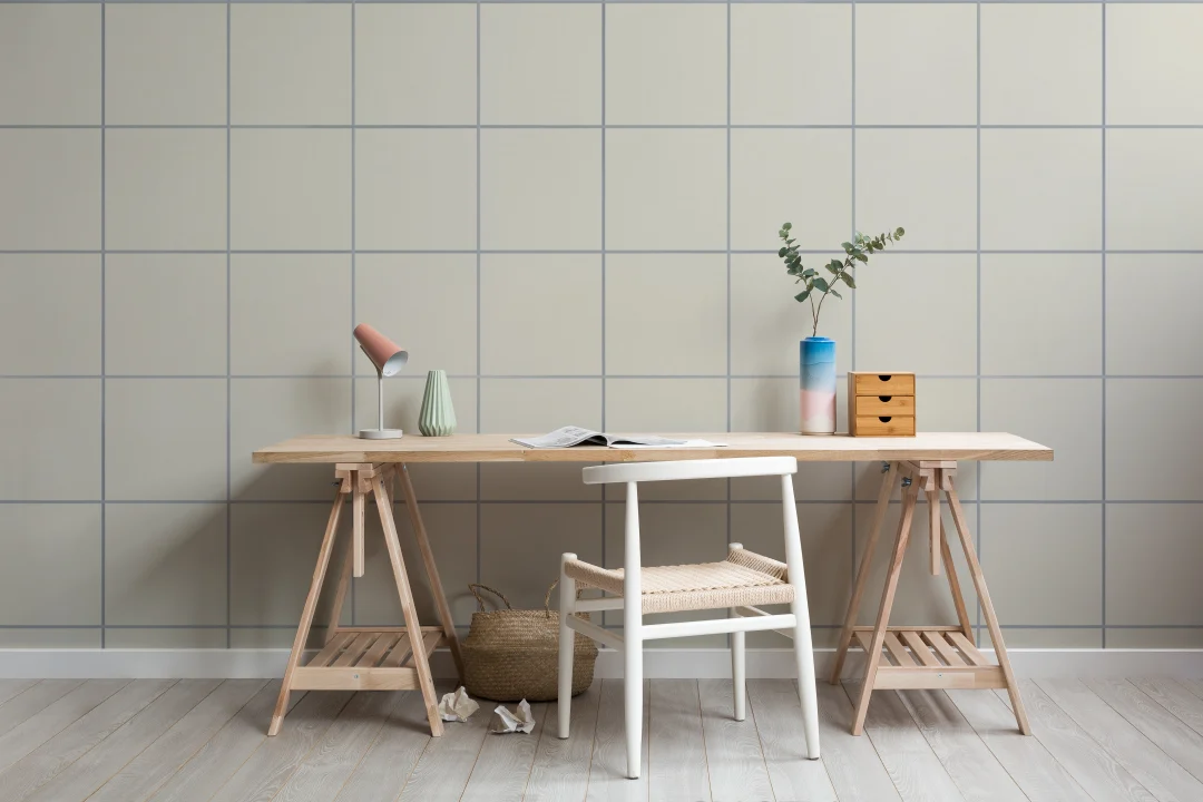 Murales de papel pintado de patrón de cuadrícula beige relajante y azul