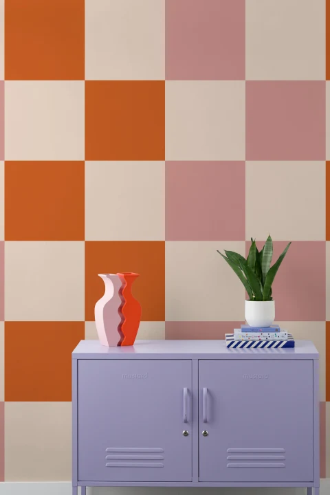 Rosa och orange rutig retro vibe mural-tapeter