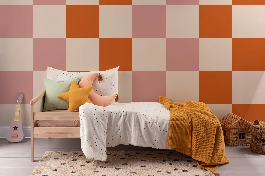Pink And Orange Checkered Retro Vibe Mural