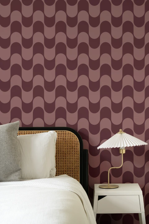 Burgundy Retro Wavy Striped Wallpaper