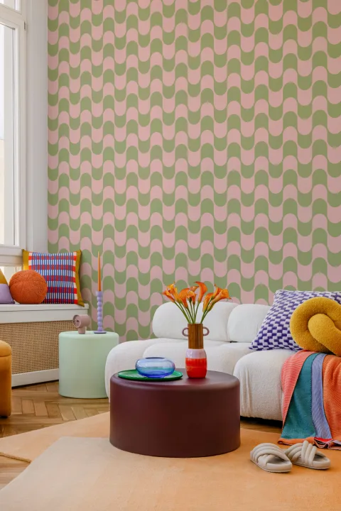 Pink & Green Retro Wavy Striped Wallpaper