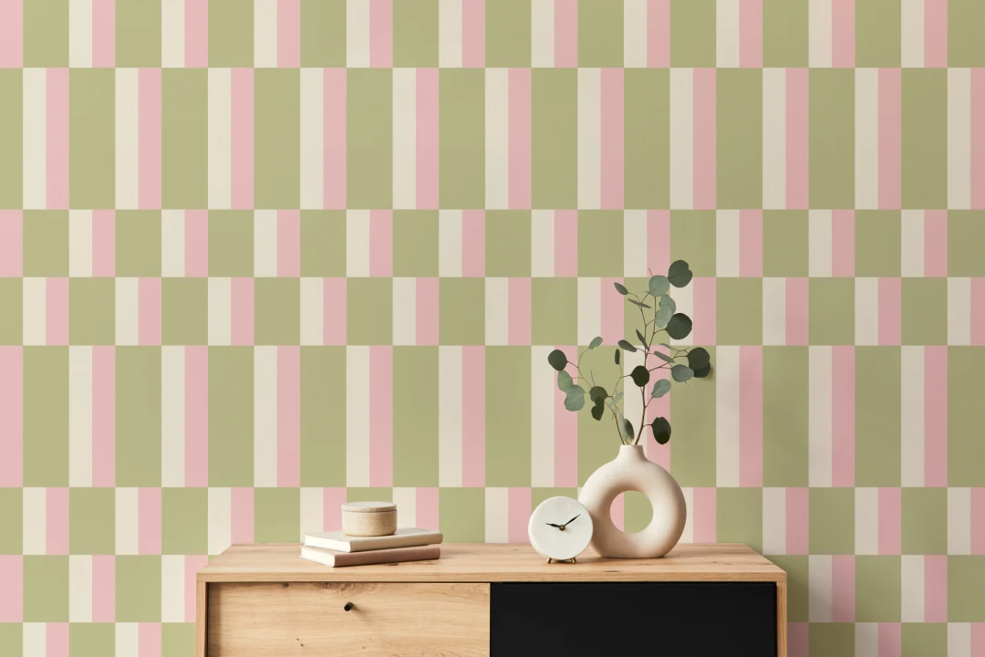 Carta da parati moderna e geometrica Bauhaus verde e rosa