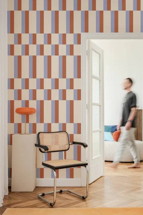 Blue & Orange Modern Geometric Bauhaus Wallpaper